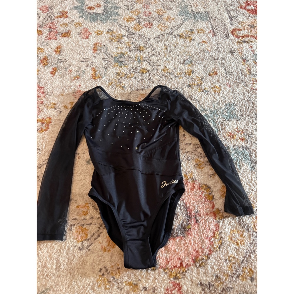 Justice Girls Black Long Sleeve Gymnastics Leotard Rhinestone Mesh Size S 7/8